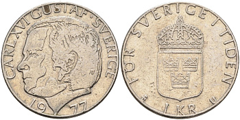 Швеция 1 крона 1977 Карл XVI Густав (1973- ) KM 852 медь плакированная медно-никелем 181-816
