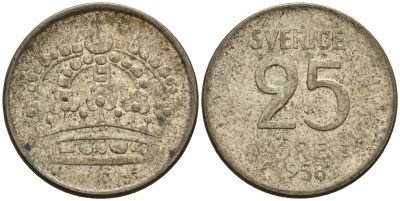 Швеция 25 эре 1958 TS, Густав VI Адольф (1950-1973) KM 824 серебро 4596-136