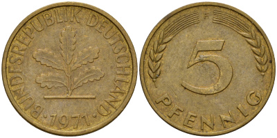ФРГ 5 пфеннигов 1971 F J.382, KM 107 сталь плакированная латунью    4598-949