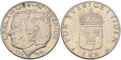 Швеция 1 крона 1977 Карл XVI Густав (1973- ) KM 852 медь плакированная медно-никелем 181-816