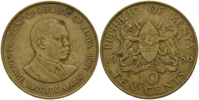Кения 10 центов 1986 Дэниэл Торойтич арап Мои (1978-2002) KM 18 никель латунь 4157-124