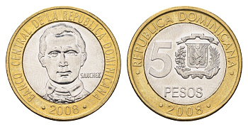 Доминиканская Республика (Доминикана) 5 песо 2008 KM 89 биметалл UNC 4693-112