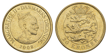 Дания 20 крон 2008 Маргрете II (1972-2024) KM 891 алюминиевая бронза UNC 4650-356