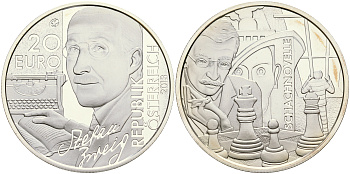 Австрия 20 евро 2013 Стефан Цвейг, шахматная новелла KM NEW серебро PROOF 01-165-11
