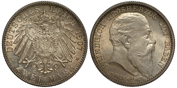 Баден 2 марки 1907 G, на смерть Фридриха I (1856-1907), Weege 36, J. 36, KM 278 серебро UNC 413-5311