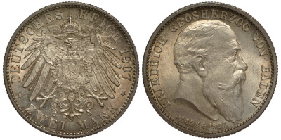 Баден 2 марки 1907 G, на смерть Фридриха I (1856-1907), Weege 36, J. 36, KM 278 серебро UNC 413-5311