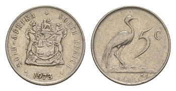 ЮАР 5 центов 1973 герб, райский журавль KM 84 никель 4602-963