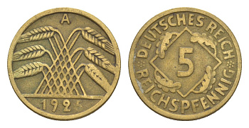 Германия 5 рейхспфеннигов 1925 A KM 39, J. 316 алюминиевая бронза 4644-1133