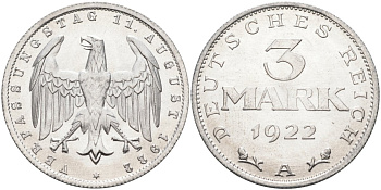 Германия 3 марки 1922 A, третья годовщина Веймарской Конституции KM 29, J.303 алюминий UNC 4587-311
