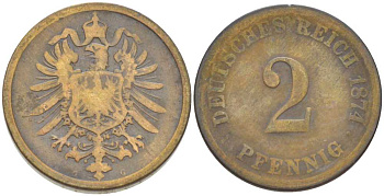 ГЕРМАНИЯ 2 ПФЕННИГА 1874 G, СТАРОГЕРБОВКА KM 2, J. 2, Weege 3 медь 212-446