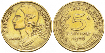 ФРАНЦИЯ 5 САНТИМОВ 1966 ТИП MARIANNE KM 933, LE FRANC 125.2 алюминиевая бронза 112-826