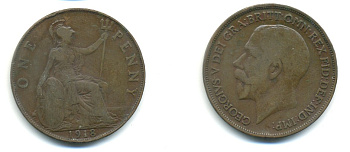 Великобритания 1 пенни 1918 Георг V (1910-1936) КМ 810, Spink 4051 бронза 80-1024