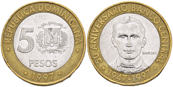 Доминиканская республика 5 песо 1997 50 лет центральному банку KM 88 биметалл 4541-1056