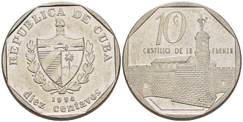 Куба 10 сентаво 1994 форт в Гаване Ла-Фуэрса KM 576.1 сталь плакированная никелем 66-659