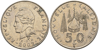 Французская Новая Каледония 50 франков 2009 хижина среди сосен и пальм, (IEOM) KM 13a, Schoen 15a, Lec 128i медно-никель 4111-946