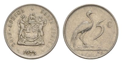 ЮАР 5 центов 1973 герб, райский журавль KM 84 никель 4602-963