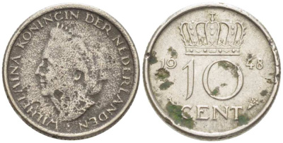 Нидерланды 10 центов 1948 Вильгельмина (1895-1948) KM 177 никель 218-1256