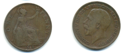 Великобритания 1 пенни 1918 Георг V (1910-1936) КМ 810, Spink 4051 бронза 80-1024