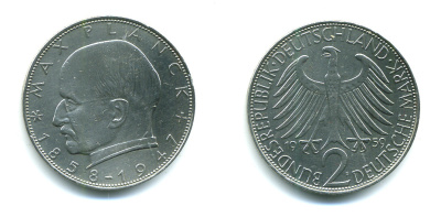 ФРГ 2 марки 1957 F, Макс Планк KM 116, J. 392 медно-никель плакированный никелем 54-1257