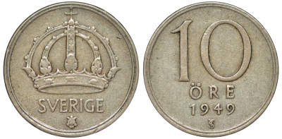 Швеция 10 эре 1949 TS, Густав V (1907-1950) KM 813 серебро 45-459