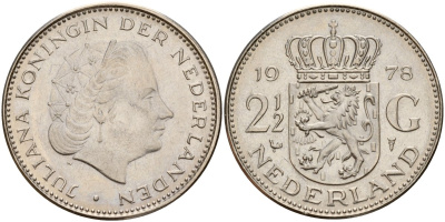 Нидерланды 2 1/2 гульдена 1978 Юлиана (1949-1980) KM 191 никель 4157-415