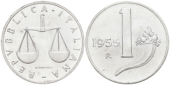 Италия 1 лира 1955 R, весы KM 91 алюминий  UNC  4594-646