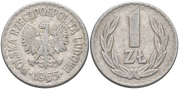 ПОЛЬША 1 ЗЛОТЫЙ 1965 MW KM 49.1 алюминий 106-525