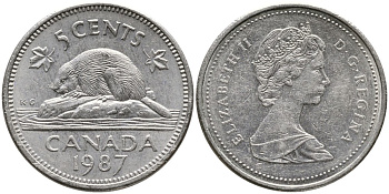 Канада 5 центов 1987 Елизавета II (1952-2022), бобер KM 60.2 a медно-никель 4543-711