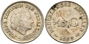 Нидерландские Антилы 1/10 гульдена 1966 Юлиана (1948-1980) KM 3 серебро 4564-518