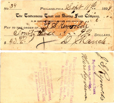 США чек на 43,99 долларов 1899 Филадельфия бумага 3295-31-1-2