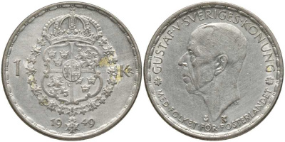 Швеция 1 крона 1949 TS, Густав VI Адольф (1950-1973) KM 814 серебро 202-543