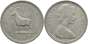 Британская Родезия 2 шиллинга 6 пенсов (25 центов) 1964 Елизавета II (1953-), черная антилопа KM 4 медно-никель 4527-1125