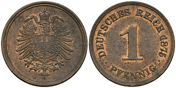 Германия 1 пфенниг 1875 A, Вильгельм I (1871-1888) KM 1, J. 1 медь 4602-226