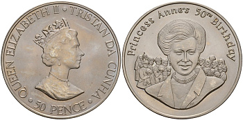 Тристан-да-Кунья 50 пенсов 2000 50 лет со дня рождения Принцессы Анны KM 11 медно-никель UNC 4125-714