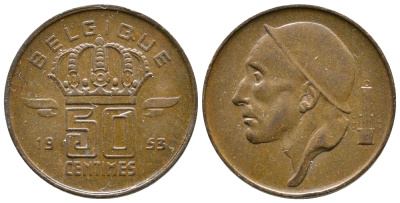 БЕЛЬГИЯ 50 САНТИМОВ 1953 BELGIQUE KM 144 бронза 4383-1161