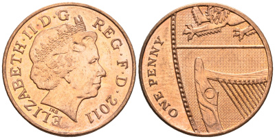 Великобритания 1 пенни 2011 Елизавета II (1952-2022) KM 1107, Spink B6 сталь плакированная медью 177-732