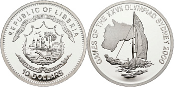 Либерия 10 долларов 2000 XXVII Олимпийские игры 2000 года в Сиднее, регата KM 704 серебро PROOF 1098-2-44