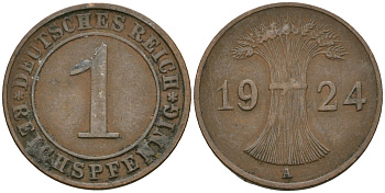 Германия 1 рейхспфенниг 1924 A KM 37, J. 313 бронза 4189-1057
