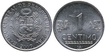 Перу 1 сентимо 2007 LIMA KM 303.4a, Schon 102a алюминий UNC 4532-1035