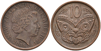 Новая Зеландия 10 центов 2006 маска Маори, Елизавета II (1952-) KM 117а сталь плакированная медью 186-415