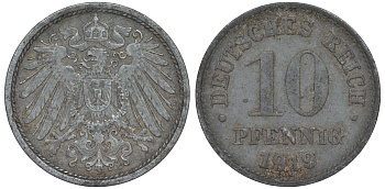 ГЕРМАНИЯ 10 ПФЕННИГОВ 1919 KM 26, J. 299 цинк 45-1255