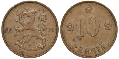 Финляндия 10 пенни 1939 KM 24 медь 51-3051