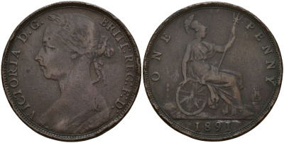 Великобритания 1 пенни 1891 Виктория (1837-1901) KM 755, Spink 3954 бронза 4149-314
