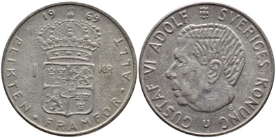 Швеция 1 крона 1969 Густав VI Адольф (1950-1973) KM 826a медь плакированная медно-никелем 4388-215