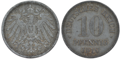 ГЕРМАНИЯ 10 ПФЕННИГОВ 1919 KM 26, J. 299 цинк 45-1255