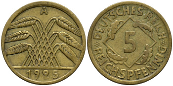 Германия 5 рейхспфеннигов 1925 A KM 39, J. 316, Weege 7 алюминиевая бронза 4516-416