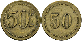 Франция 50 сантимов XIX-XX век ресторанный жетон латунь 4166-1222