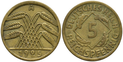 Германия 5 рейхспфеннигов 1925 A KM 39, J. 316, Weege 7 алюминиевая бронза 4516-416