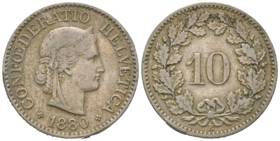 Швейцария 10 раппенов 1880 B KM 27 медно-никель 4164-225