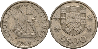 Португалия 5 эскудо 1980 KM 591 медно-никель 4156-547